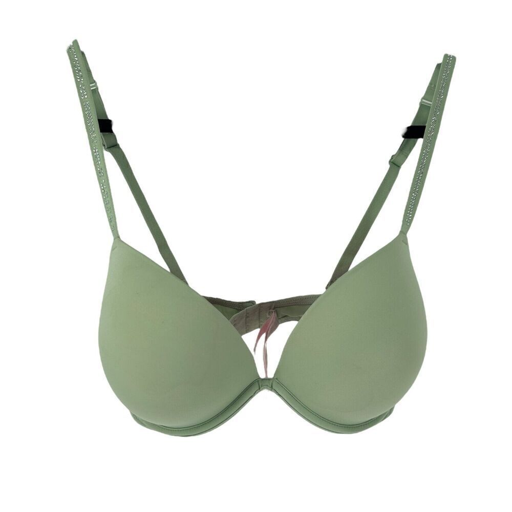 Victorias Secret PINK Wear Everywhere Super Push Up Bra 34DD Green Rhinestone